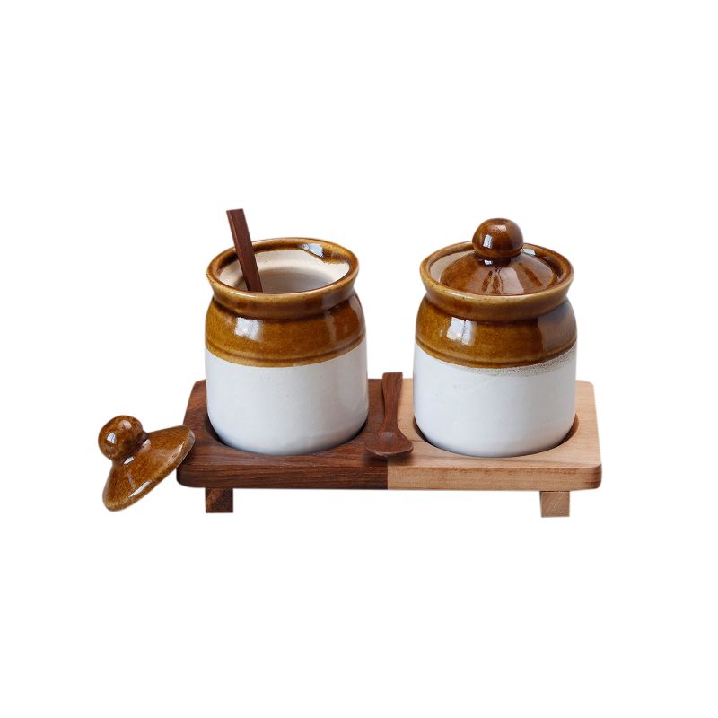 "Old Fashioned Chutney & Pickel" ceramic Martaban Jar set with "Wood Fusion" base tray in Mango & Sheesham Wood(2 Jar, 1 Tra, 2 Spoon)