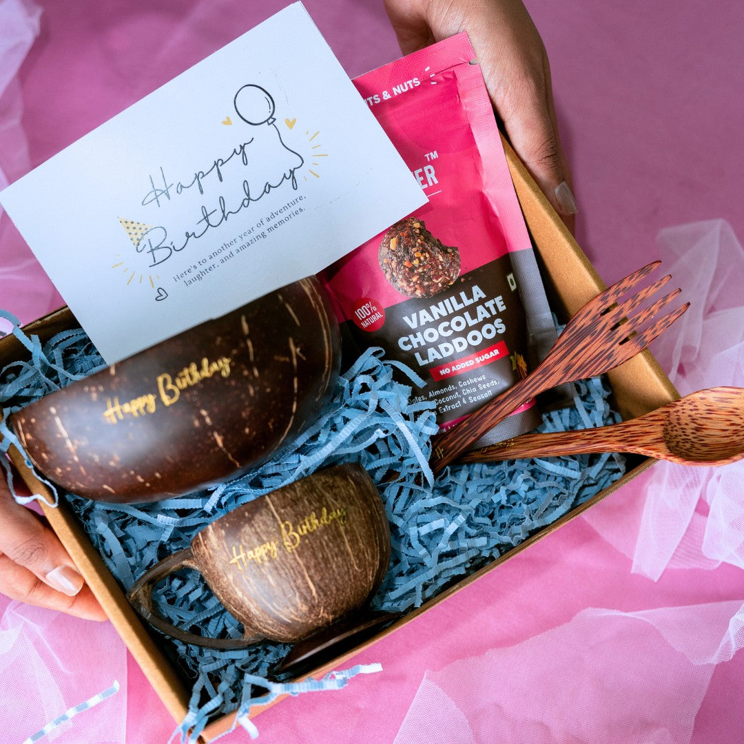 Thenga Eco-Friendly Birthday Gifts/Hampers Set with Teacup, Bowl Spoon, Vanilla Cacao Laddoos and Message Card