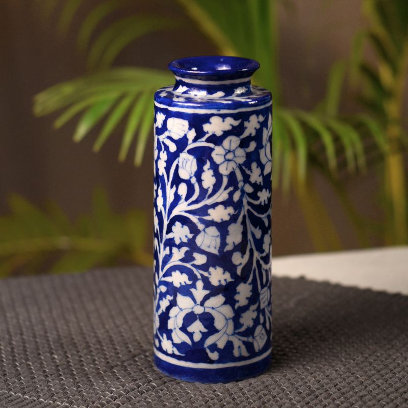 Blue Art jaipur pottey Ceramic Unique Decorative Vase for Home Decor, (8.5 X 3 Inch, Blue & White)