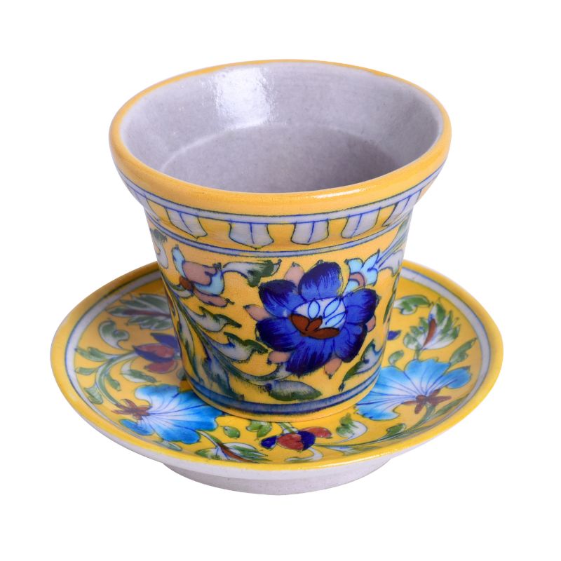 Outdoor Garden Decorative Living Room Blue Pottery Ceramic Planter with Ceramic Tray(Yellow)