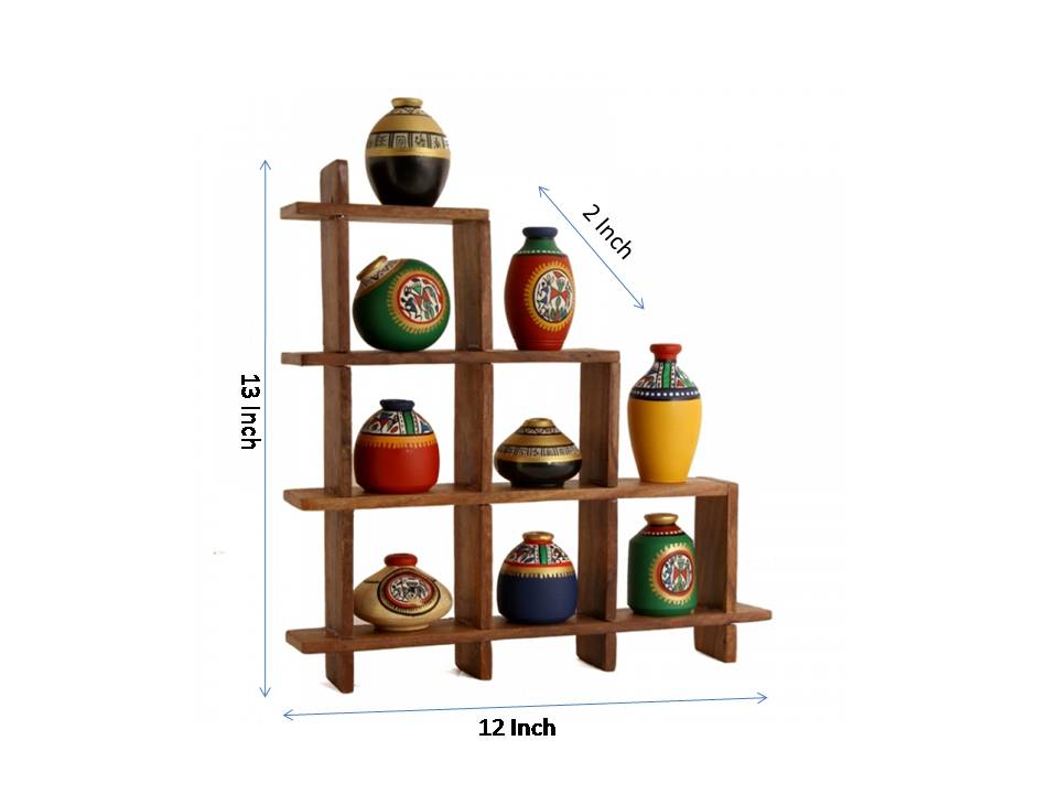 9 Warli painted pots with Sheesham Wooden Frame