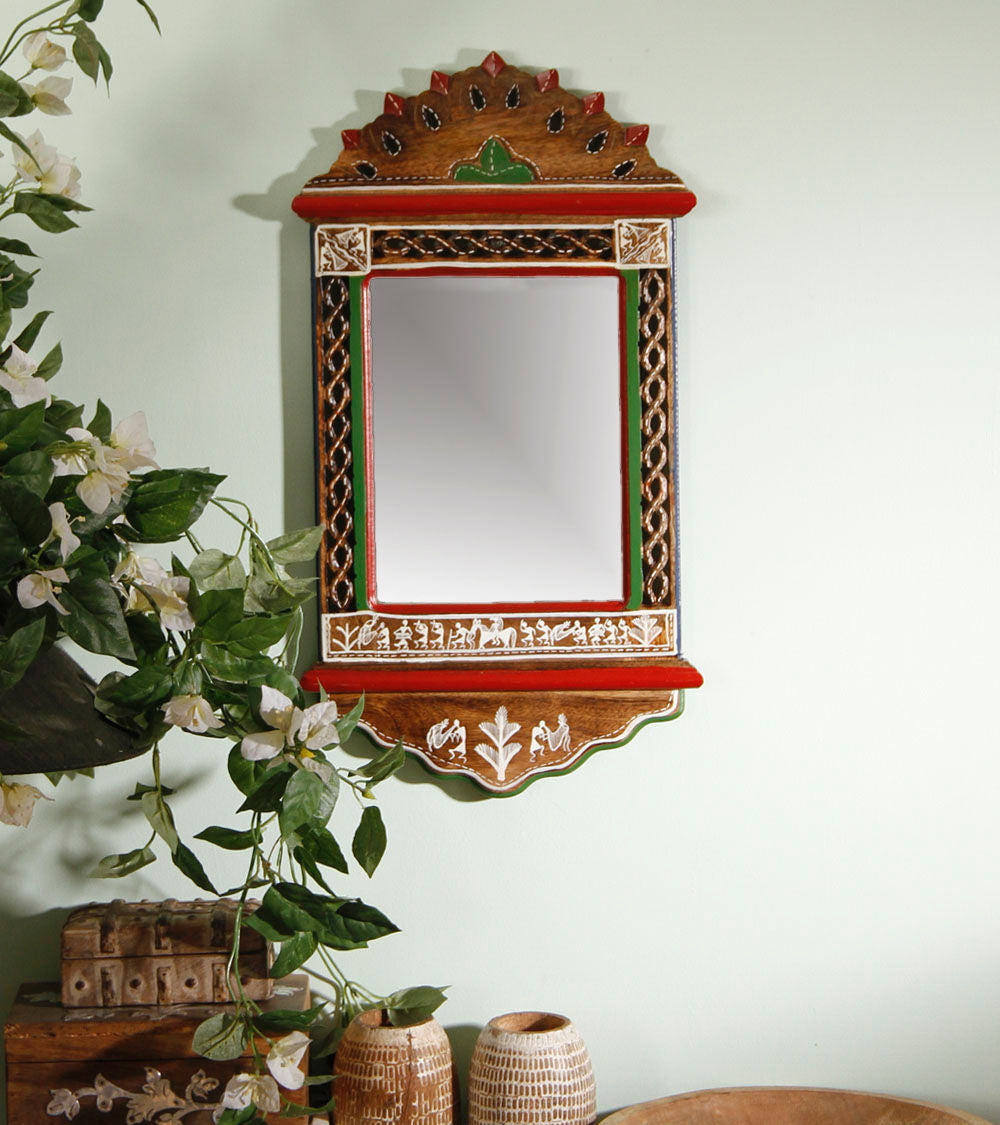 Warli Painted Wooden Wall Mirror