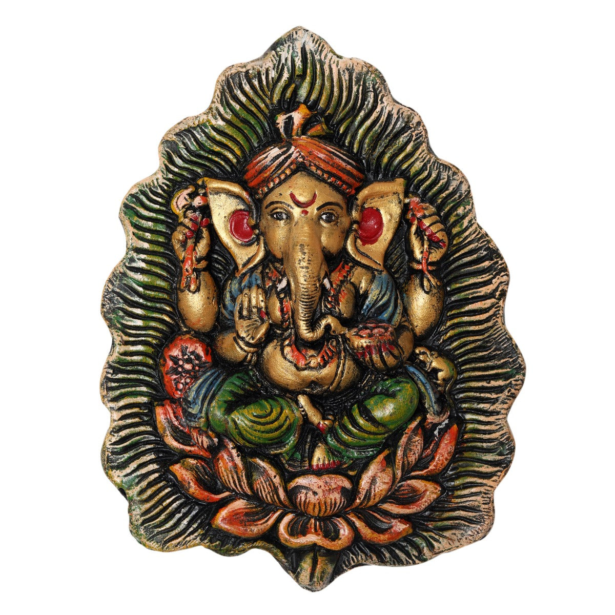 "Ganesha Meditating on Lotus" fiber procession wall art in wooden frame