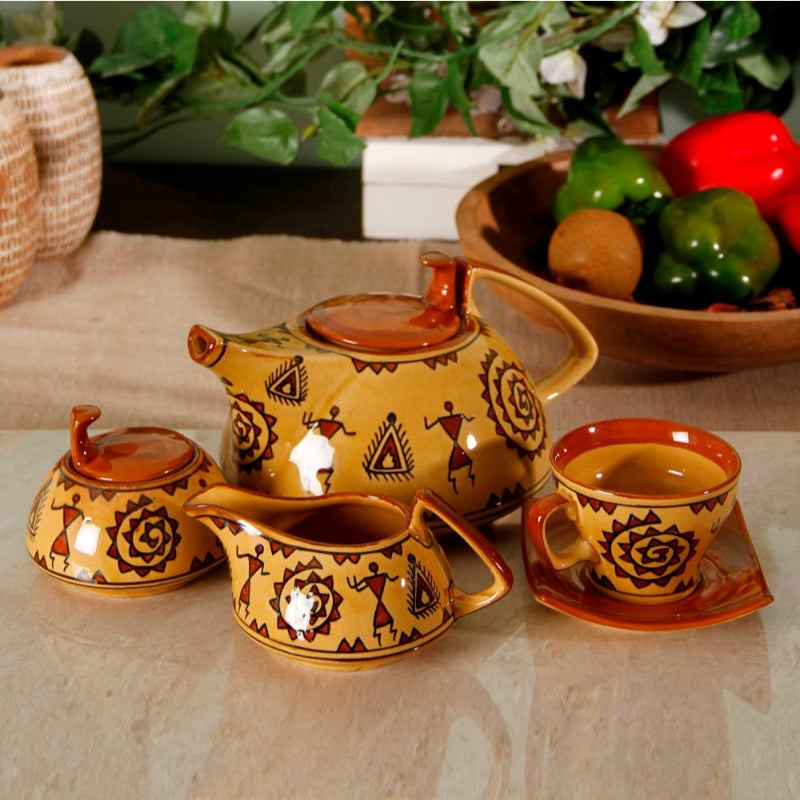 Warli handpainted Stoneware Tea Set (set of 15)