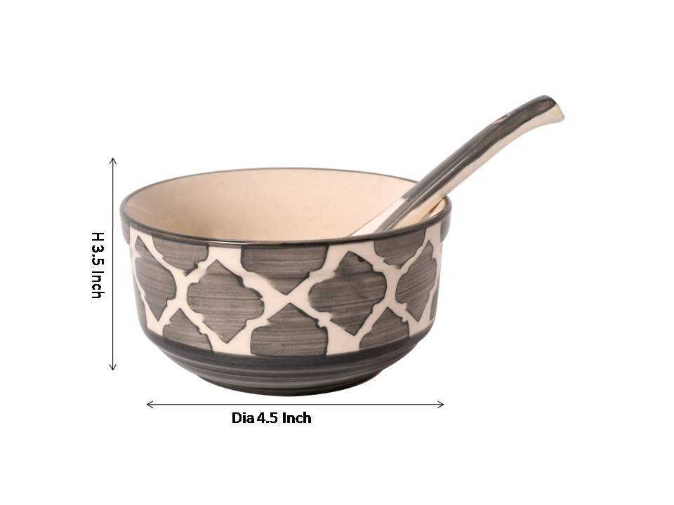 ceramic black & white handpainted umrao pattern soup bowl(Set of 6)