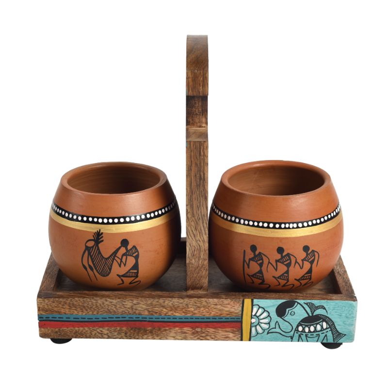 warli handpainted terracotta kullad with wooden holder stand