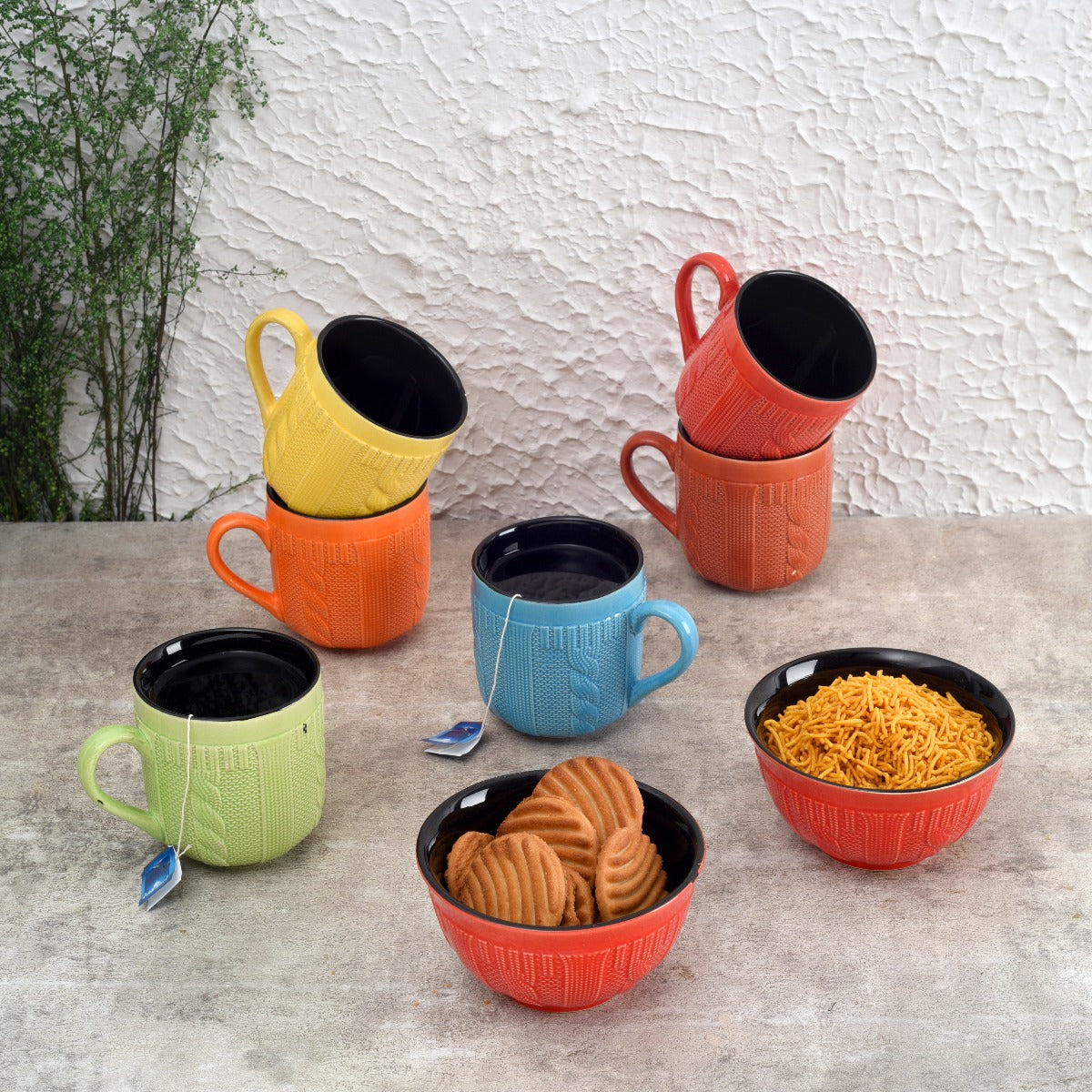 Ceramic tableware serving hand knitted multicolor snack set(Set of 6 Mug & 2 Bowl)