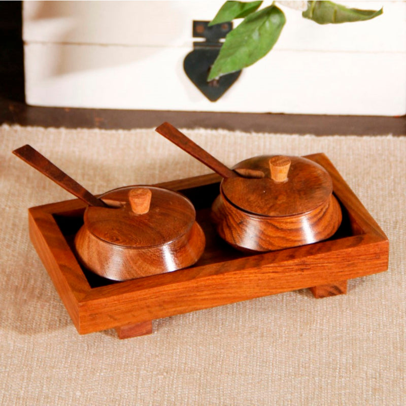 Wooden Brown 2 Jar set with Base Tray and Spoon