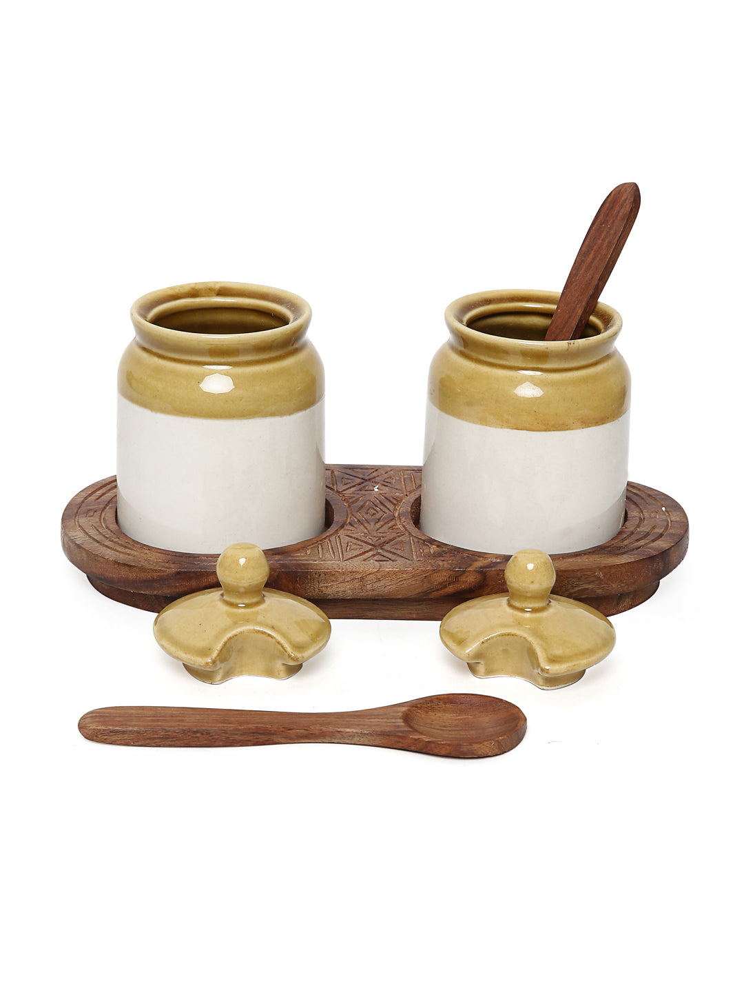 Ceramic Pickle Jar & Spoon set with wooden base stand(Set of 2)