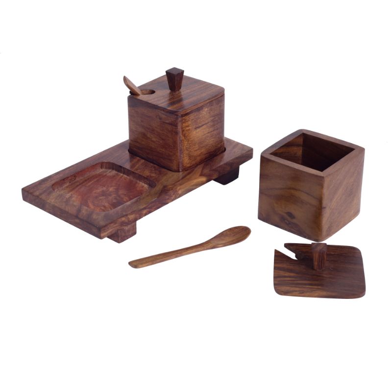handcarved brown refreshment jar set with wooden spoon & tray