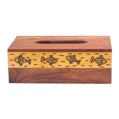 "Wood Fusion Fish Motif" tissue holder in Sheesham wood