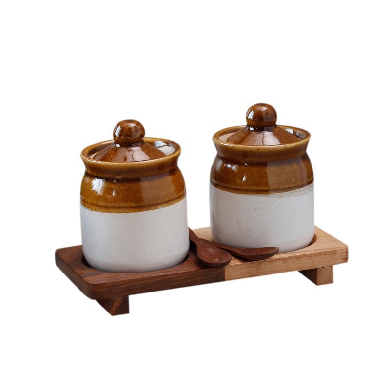 "Old Fashioned Chutney & Pickel" ceramic Martaban Jar set with "Wood Fusion" base tray in Mango & Sheesham Wood