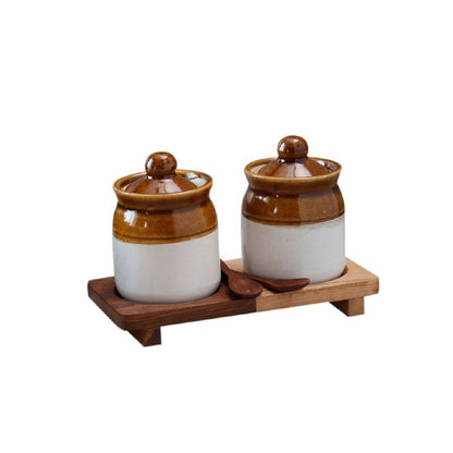 "Old Fashioned Chutney & Pickel" ceramic Martaban Jar set with "Wood Fusion" base tray in Mango & Sheesham Wood