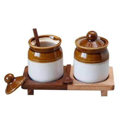 "Old Fashioned Chutney & Pickel" ceramic Martaban Jar set with "Wood Fusion" base tray in Mango & Sheesham Wood