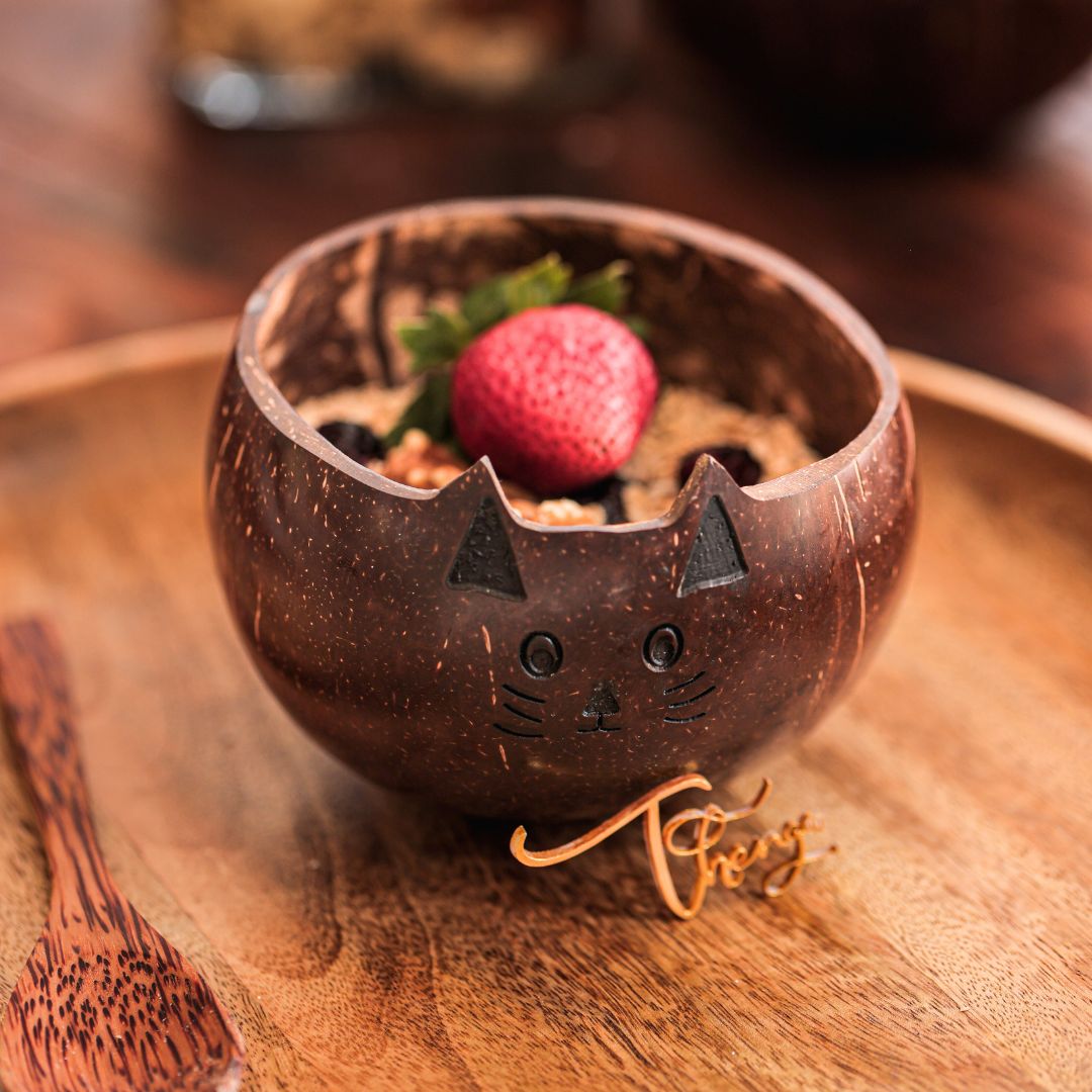 Thenga Coconut Shell Animal Bowl with Spoon - CAT ( Set of 1 )