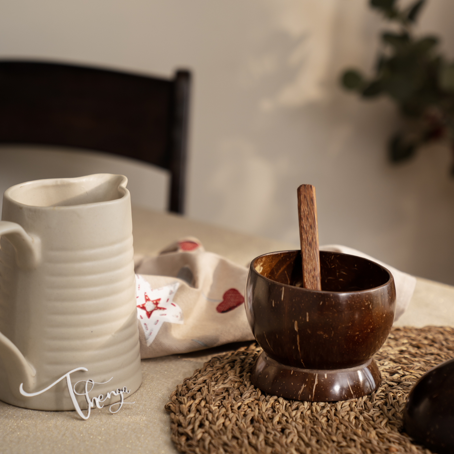 Thenga Coconut Shell/Wooden Soup Bowl with Spoon