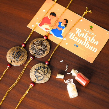 Thenga Eco-Friendly Coconut Shell Rakhis for Brothers, Rough (Includes 3 Rakhis, Kumkum, Rice Grains, & Raksha Bandhan Card) - Set of 3