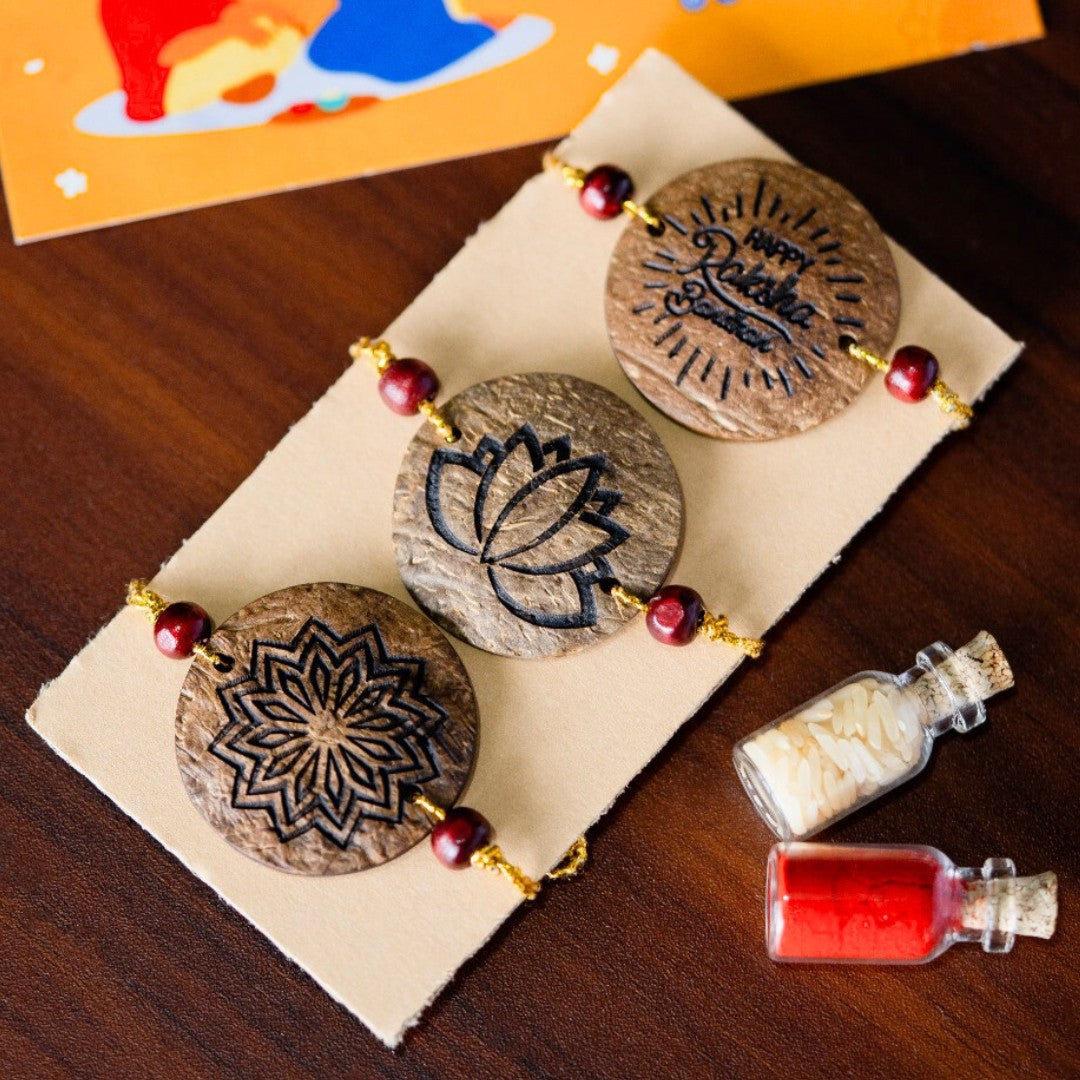 Thenga Eco-Friendly Coconut Shell Rakhis for Brothers, Rough (Includes 3 Rakhis, Kumkum, Rice Grains, & Raksha Bandhan Card) - Set of 3