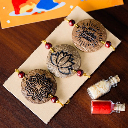 Thenga Eco-Friendly Coconut Shell Rakhis for Brothers, Rough (Includes 3 Rakhis, Kumkum, Rice Grains, & Raksha Bandhan Card) - Set of 3