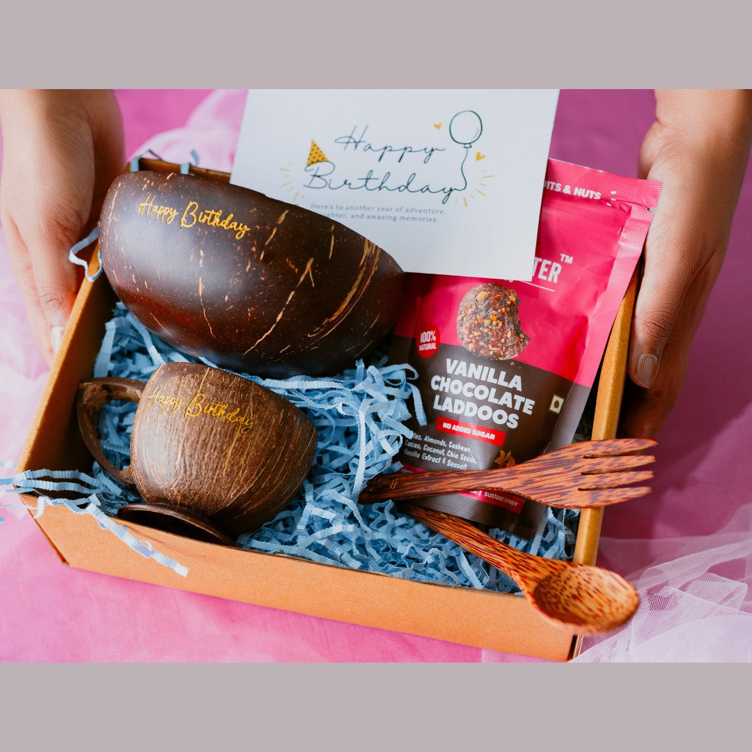 Thenga Eco-Friendly Birthday Gifts/Hampers Set with 1 Teacup, 1 Bowl & Spoon, Vanilla Cacao Laddoos and Message Card