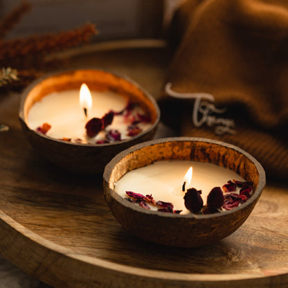 Thenga Coconut Shell Candle/Diya | Eco-Friendly Scented Soy Wax - Rose Candle 100 gm (Set of 2)