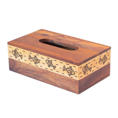 "Wood Fusion Fish Motif" tissue holder in Sheesham wood