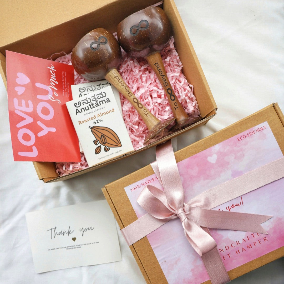 Thenga Eco-Friendly Love Gifts/Hampers Set with 1 Rose Candle, 2 Wine Glasses, Chocolates, Almonds and a Message Card