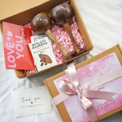 Thenga Eco-Friendly Love Gifts/Hampers Set with 1 Rose Candle, 2 Wine Glasses, Chocolates, Almonds and a Message Card