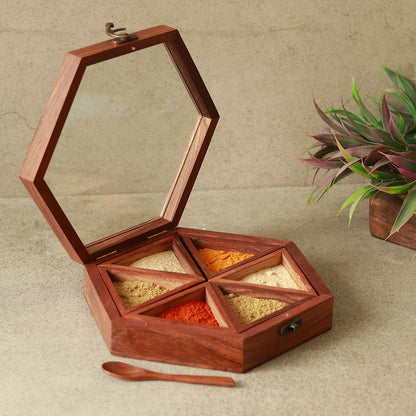 sheesham wood hexagonal masala dani with "6 detachable boxes & spoon" for storing spices(Brown)