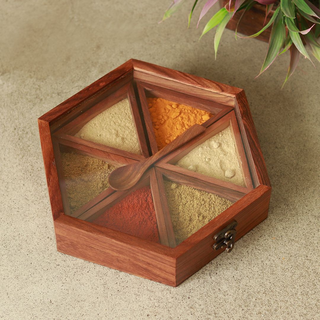 sheesham wood hexagonal masala dani with "6 detachable boxes & spoon" for storing spices(Brown)