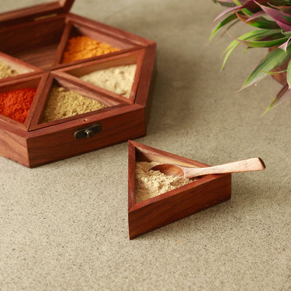 sheesham wood hexagonal masala dani with "6 detachable boxes & spoon" for storing spices(Brown)