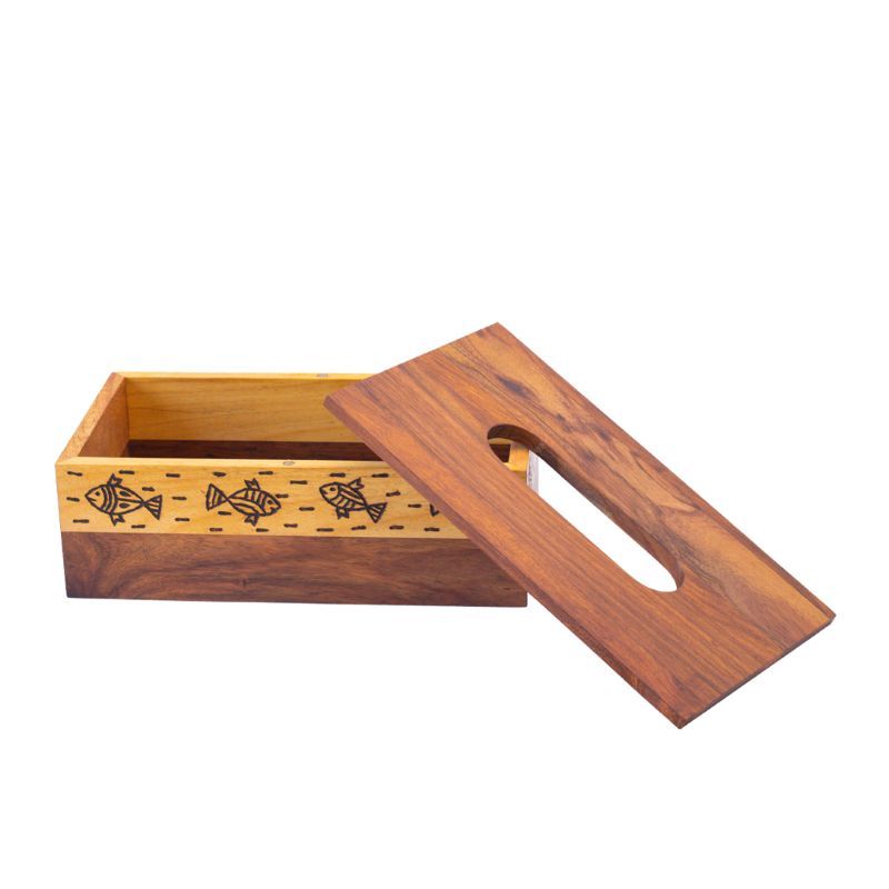 "Wood Fusion Fish Motif" tissue holder in Sheesham wood