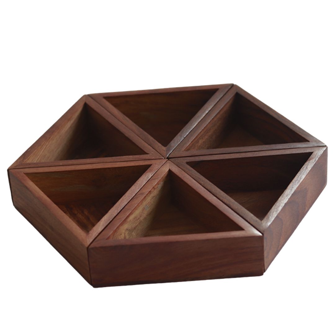 sheesham wood hexagonal masala dani with "6 detachable boxes & spoon" for storing spices(Brown)