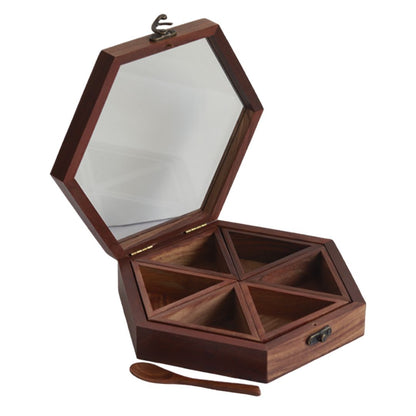 sheesham wood hexagonal masala dani with "6 detachable boxes & spoon" for storing spices(Brown)