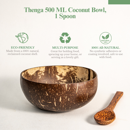 Coconut Bowl /Shell + Spoon, Eco Friendly and Toxin Free for Smoothie - 500 ml