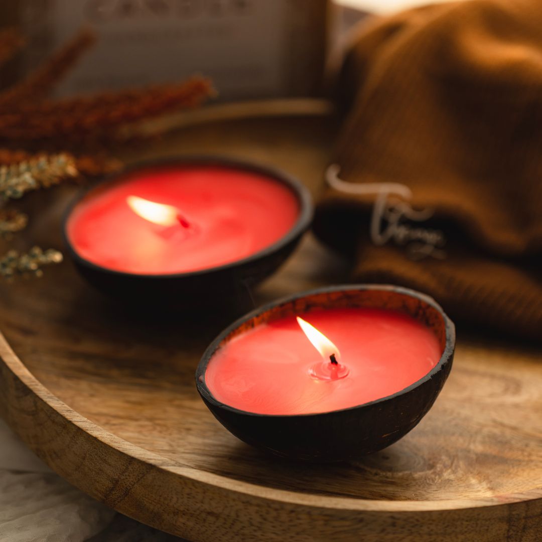 Thenga Coconut Shell Christmas Candles/Diya - Red ( Set of 2 )