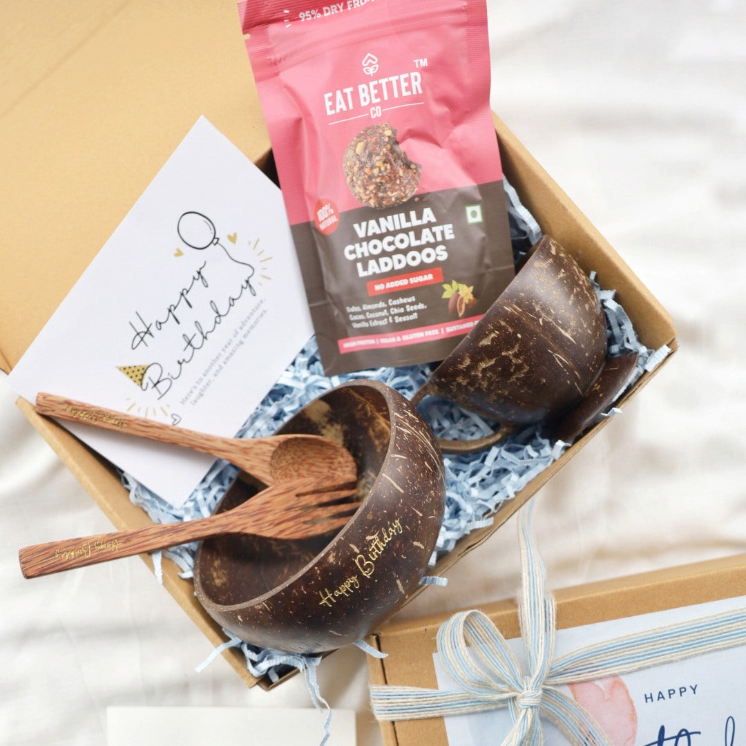 Thenga Eco-Friendly Birthday Gifts/Hampers Set | Includes 1 Teacup, 1 Bowl with Spoon & Fork, and a Message Card