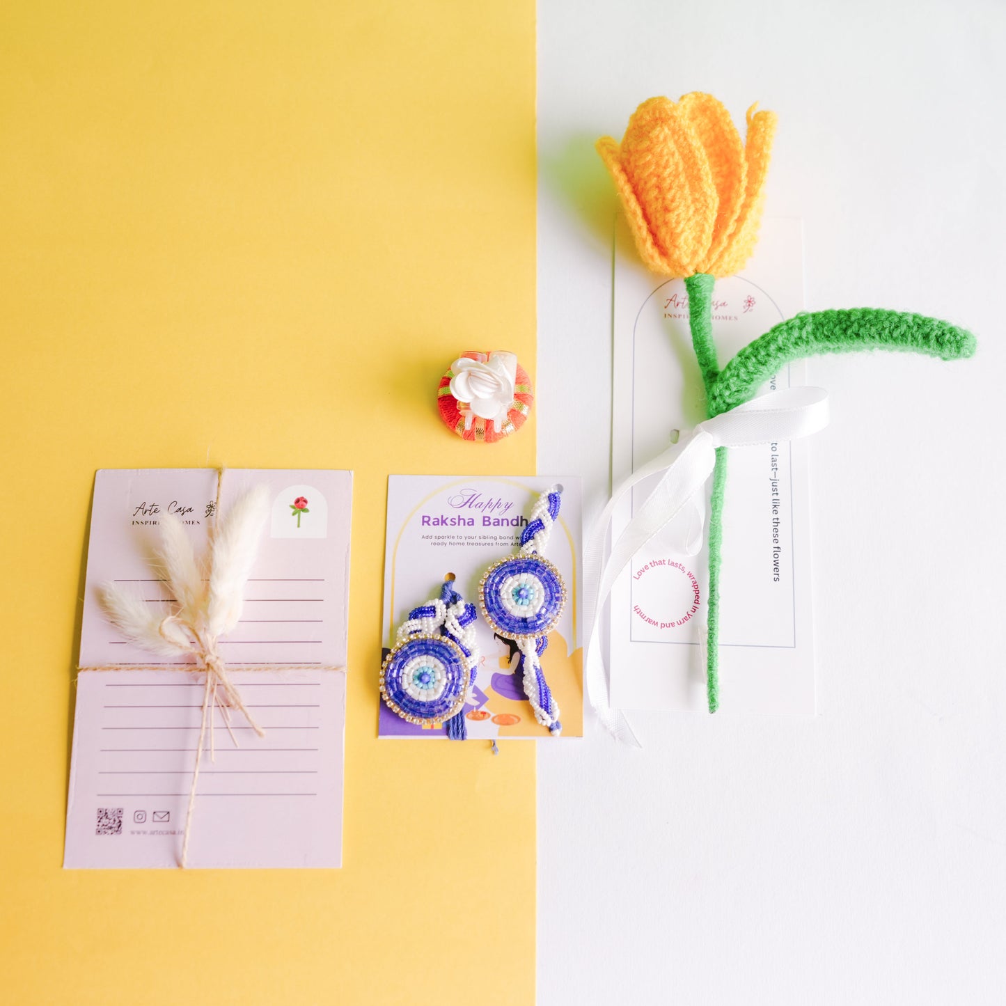 Handcrafted Tulip crochet Rakhi hamper (yellow)