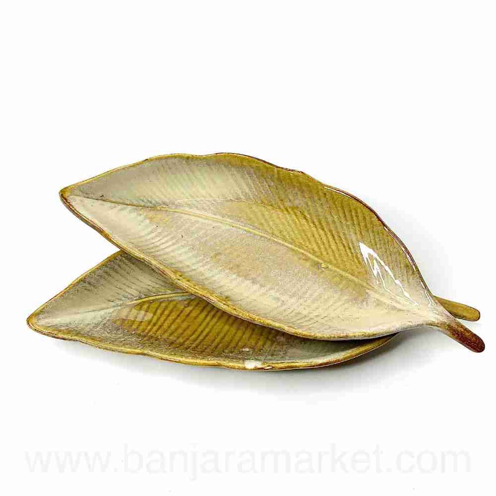 Banjara Market | Medium Faded Mustard Leaf Platters (Set of 2)