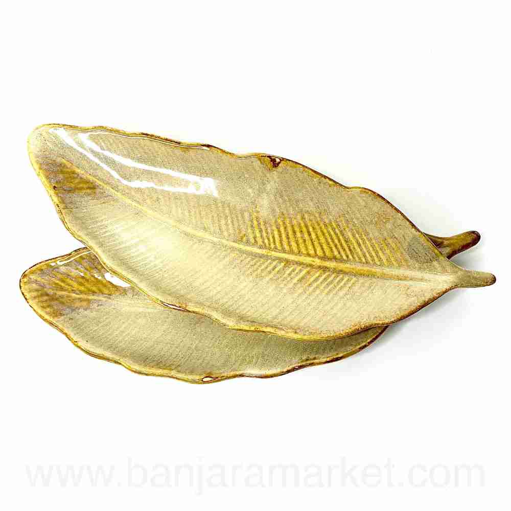 Banjara Market | Big Faded Mustard Leaf Platters (Set of 2)