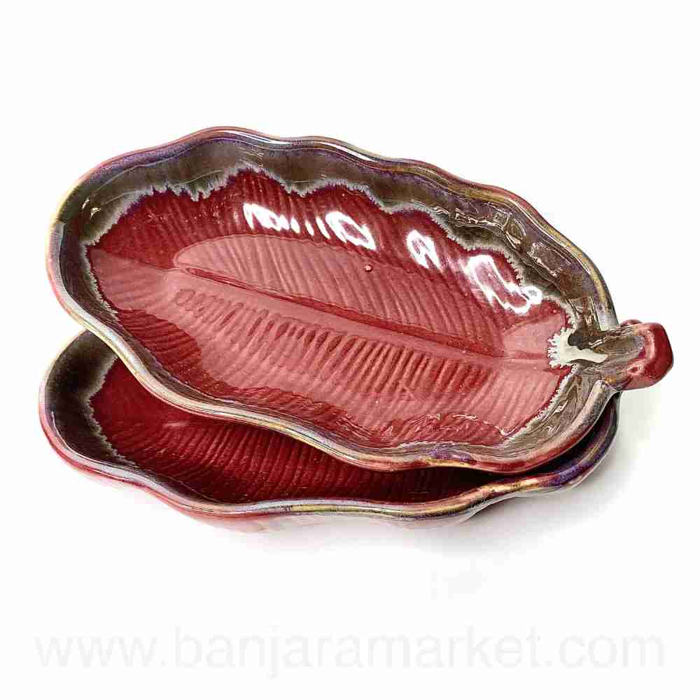 Banjara Market | Maroon Leaf Deep Platters (Set of 2)