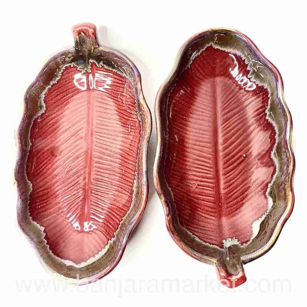 Banjara Market | Maroon Leaf Deep Platters (Set of 2)