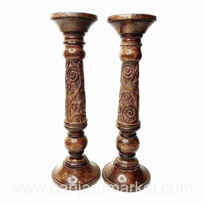 Banjara Market | Carved Wooden Candle Stands (Set of 2)(BIG)