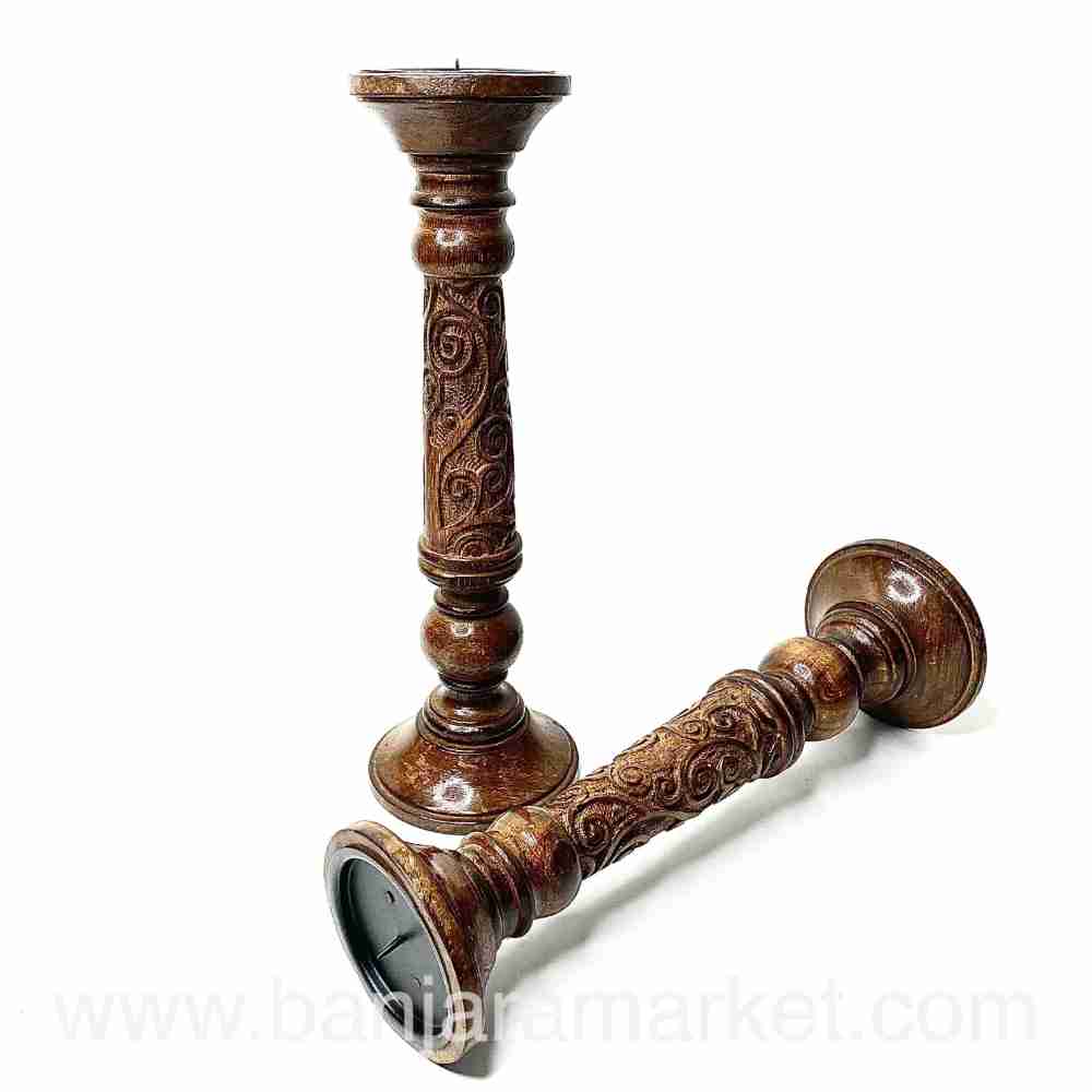 Banjara Market | Carved Wooden Candle Stands (Set of 2)(BIG)