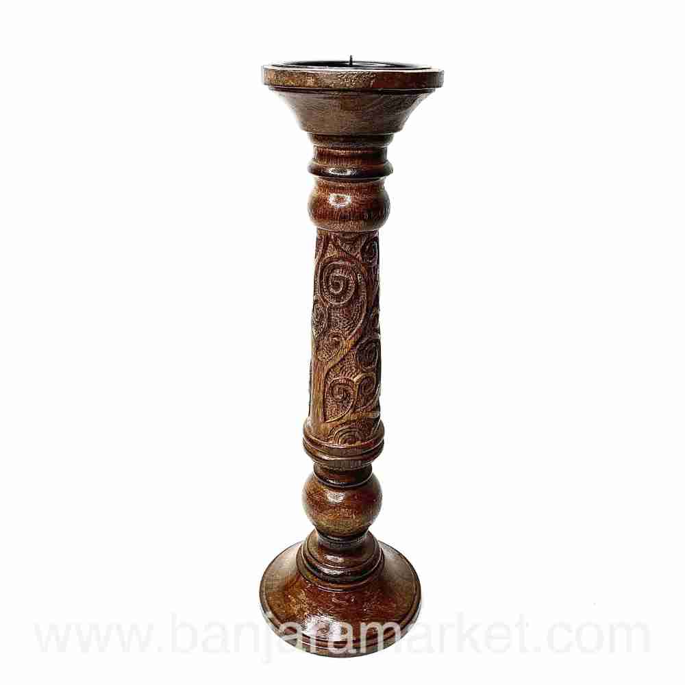 Banjara Market | Carved Wooden Candle Stands (Set of 2)(BIG)