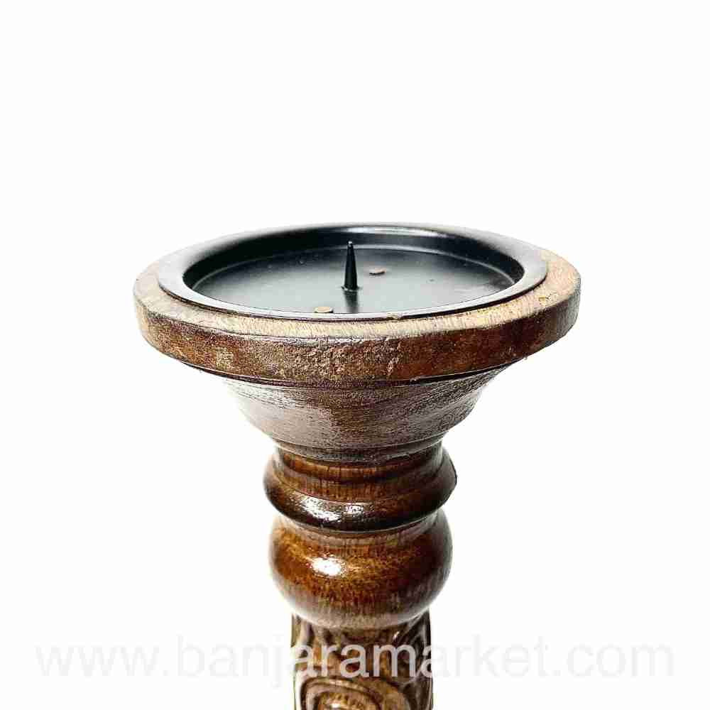 Banjara Market | Carved Wooden Candle Stands (Set of 2)(BIG)