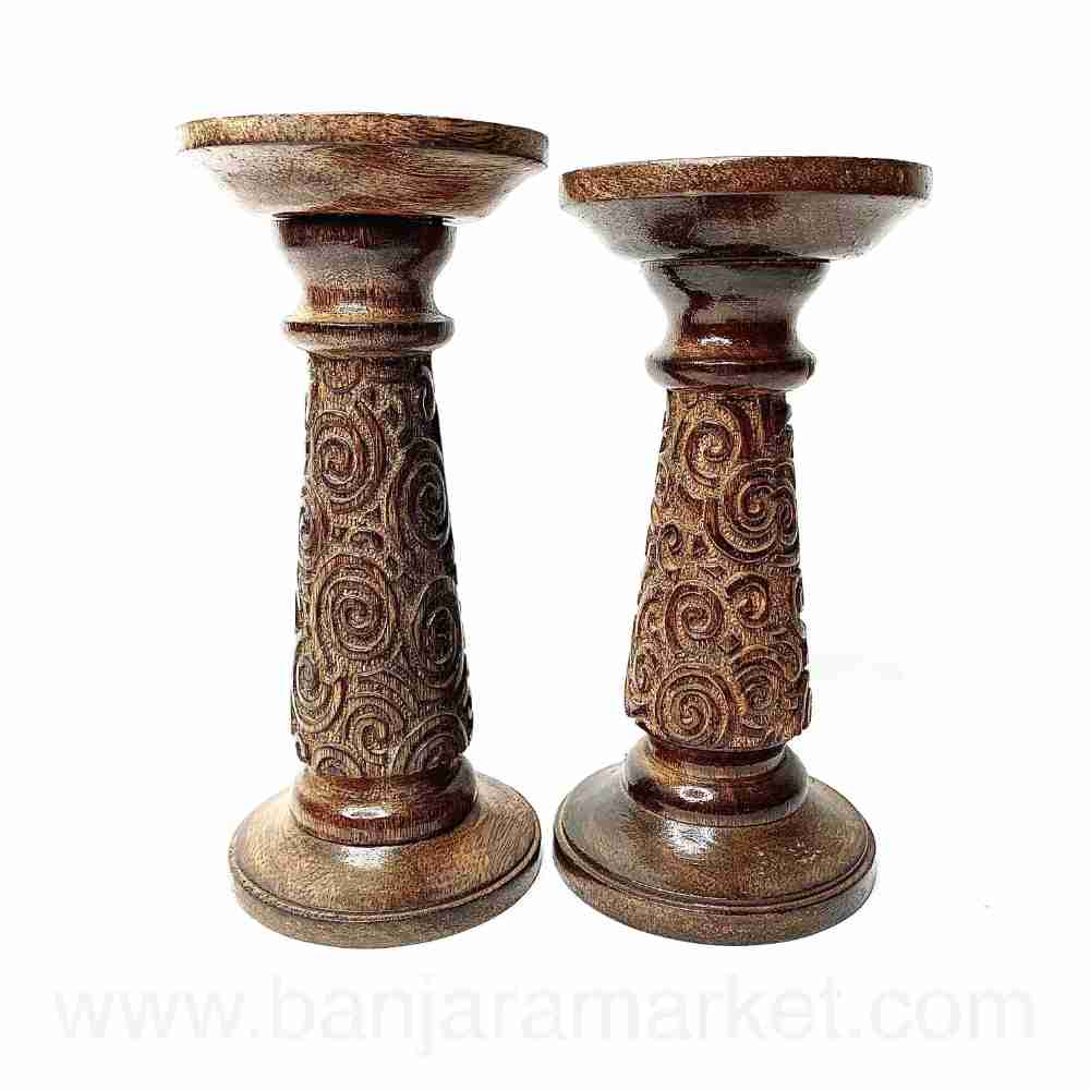 Banjara Market | Carved Wooden Candle Stands (Set of 2)(SMALL)