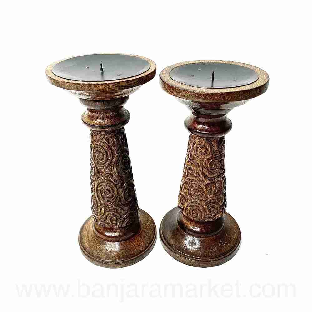 Banjara Market | Carved Wooden Candle Stands (Set of 2)(SMALL)