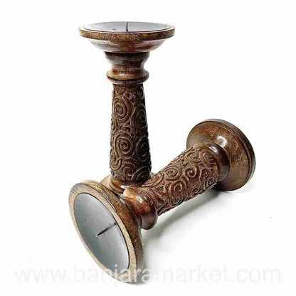 Banjara Market | Carved Wooden Candle Stands (Set of 2)(SMALL)