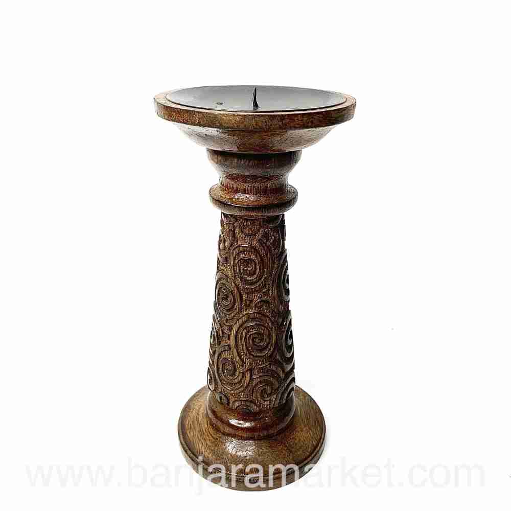 Banjara Market | Carved Wooden Candle Stands (Set of 2)(SMALL)